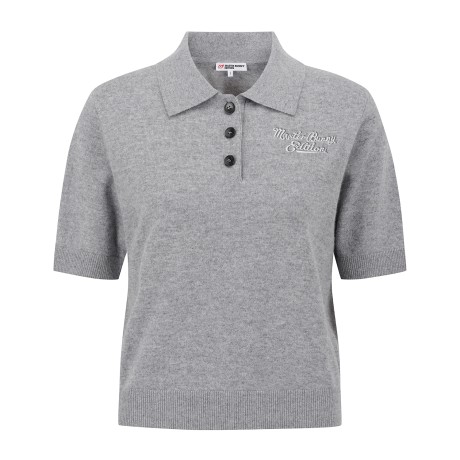 여성 로고 자수 캐시미어 카라 반팔 니트