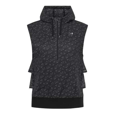 여성 메쉬 프릴 후드 슬리브리스 티셔츠