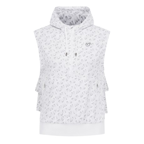 여성 메쉬 프릴 후드 슬리브리스 티셔츠