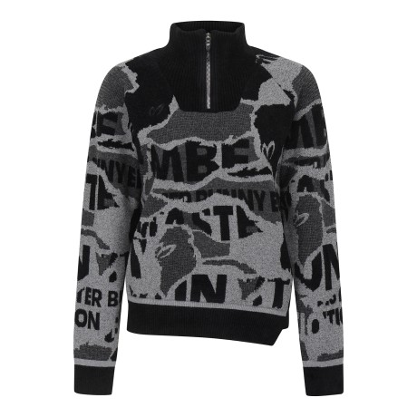 여성 카모 패턴 하이넥 하프 집업 긴팔 니트