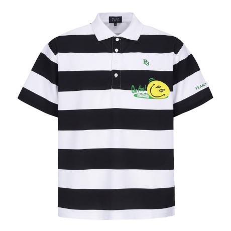 남성 스마일 스트라이프 칼라 반팔 티셔츠