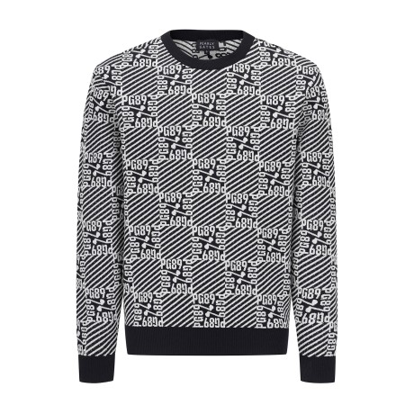 남성 로고 자카드 블록 체크 긴팔 니트