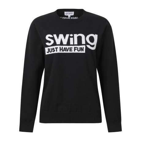 여성 배색 레터링 자카드 라운드넥 스웨터