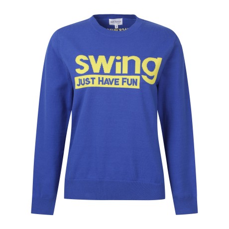 여성 배색 레터링 자카드 라운드넥 스웨터