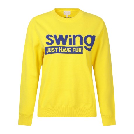 여성 배색 레터링 자카드 라운드넥 스웨터