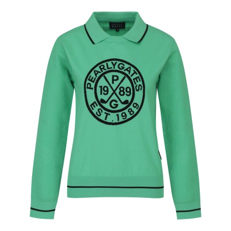 여성 메쉬 슬리브 로고 칼라 니트