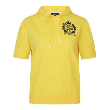 여성 로고 포인트 퍼프 소매 후드 니트 탑