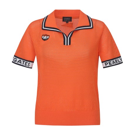 여성 로고 커프스 오픈 칼라 펀칭 니트