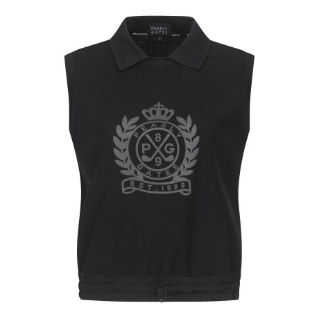 여성 엠블럼 체크 슬리브리스 칼라 탑