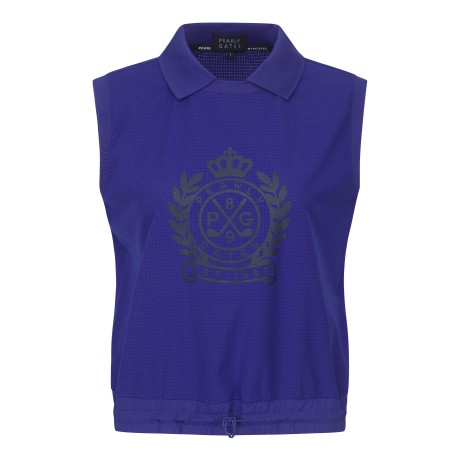 여성 엠블럼 체크 슬리브리스 칼라 탑