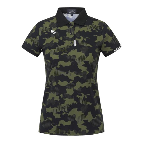 여성 카모 카라 반팔 티셔츠