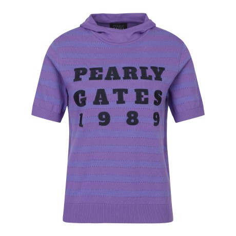 여성 스트라이프 로고 후드 반팔 니트