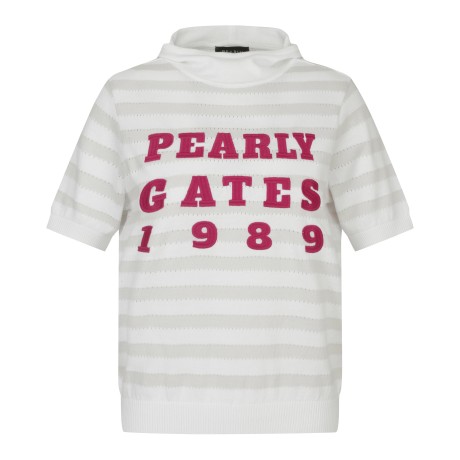 여성 스트라이프 로고 후드 반팔 니트