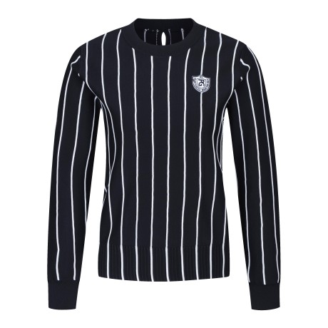 여성 스트라이프 엠블럼 뱃지 크롭 스웨터