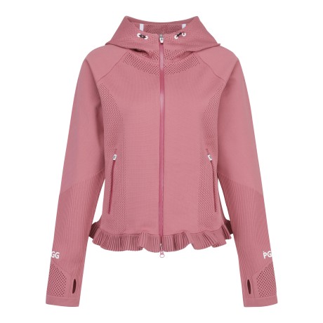 PGG 여성 펀칭 우븐 믹스 프릴 집업 스웨터