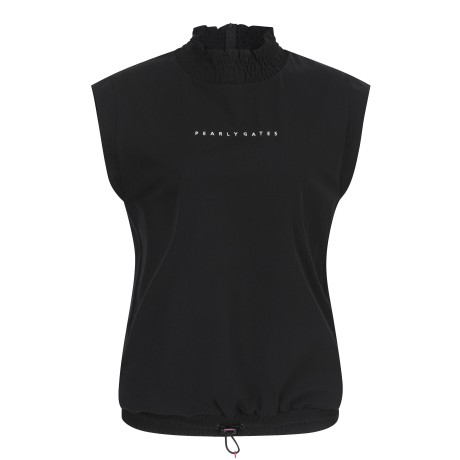 [가격인하] 여성 우븐 믹스 프릴 모크넥 슬리브리스 탑