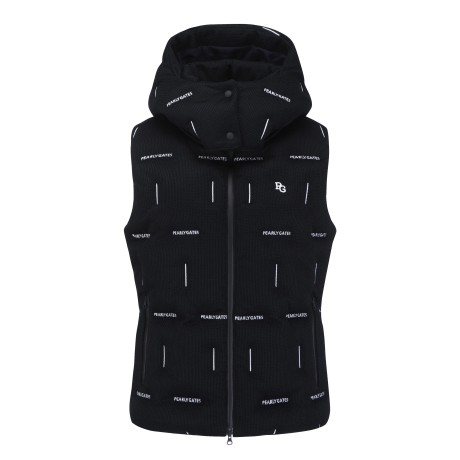 여성 우븐 로고 자수 패턴 후드 패딩 베스트