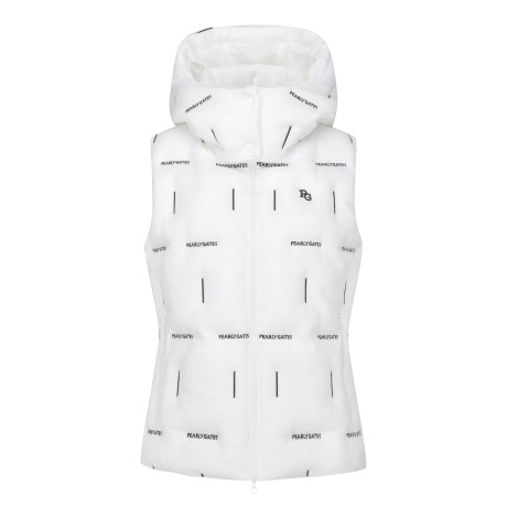 여성 로고 자수 하이넥 후드 패딩 베스트