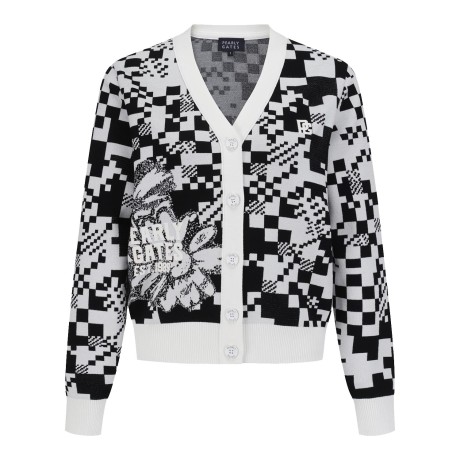 여성 체커보드 플로럴 자카드 크롭 가디건