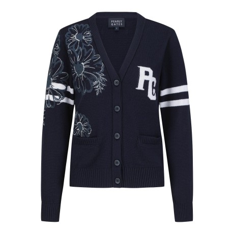 [박현경프로 착용] 여성 스티치 플로럴 로고 니트 가디건