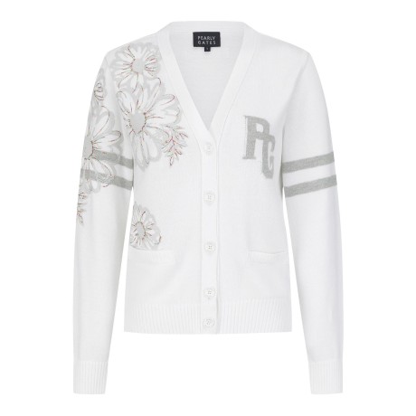 여성 스티치 플로럴 로고 니트 가디건