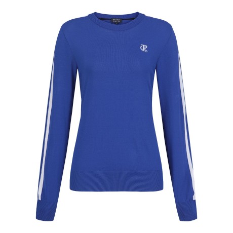 여성 백 레터링 자카드 배색 라인 스웨터