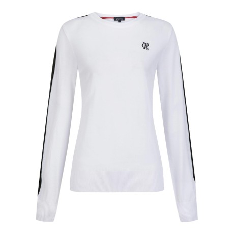 여성 백 레터링 자카드 배색 라인 스웨터