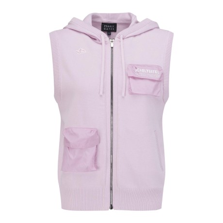 여성 우븐 믹스 멀티 포켓 집업 후드 베스트