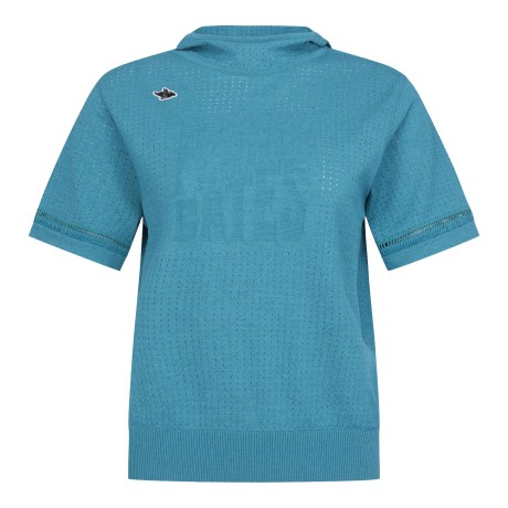 여성 로고 타공 조직감 후드 반팔 니트