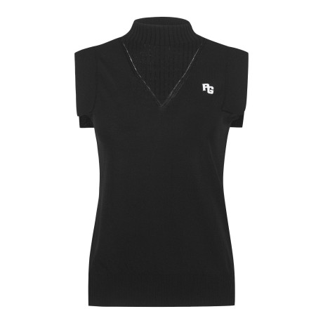 여성 골조직 믹스 패널 니트 베스트