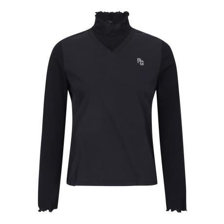 [냉감]여성 프릴 하프넥 레이어드 우븐 믹스 티셔츠