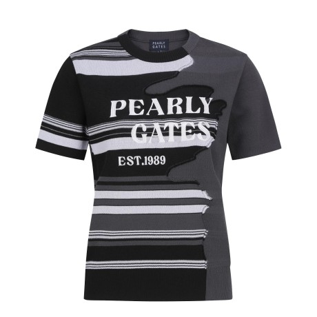 여성 스트라이프 믹스 로고 반팔 니트