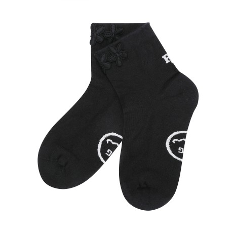 여성 스마일 플로럴 자수 단목 양말