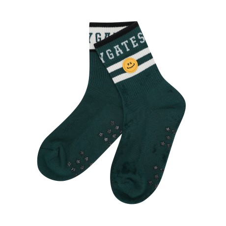 여성 스마일 패치 배색 로고 중목 양말