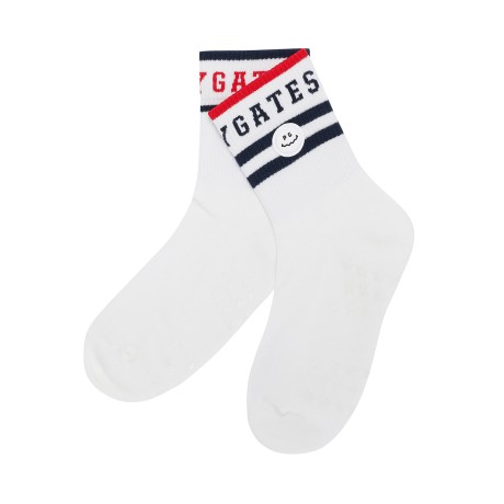 여성 스마일 패치 배색 로고 중목 양말