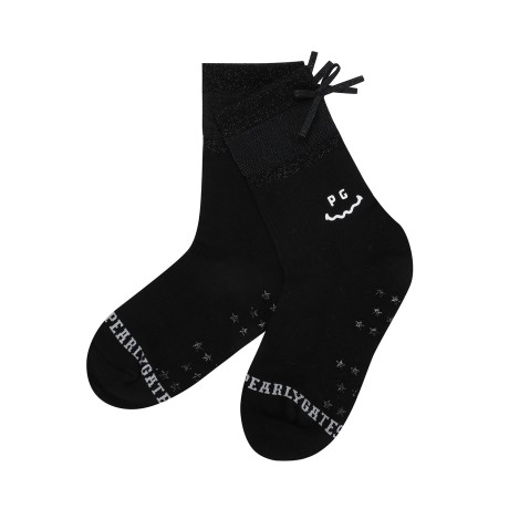 여성 스마일 글리터 튤 리본 중목 양말