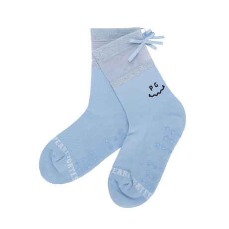 여성 스마일 글리터 튤 리본 중목 양말