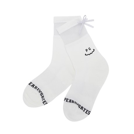 여성 스마일 글리터 튤 리본 중목 양말