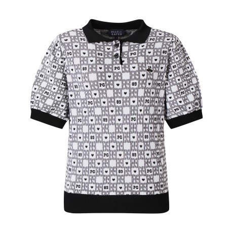 여성 체크 패턴 퍼프 반팔 니트