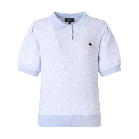 여성 체크 패턴 퍼프 반팔 니트