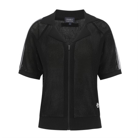 여성 배색 라인 오픈 칼라 메쉬 집업 가디건