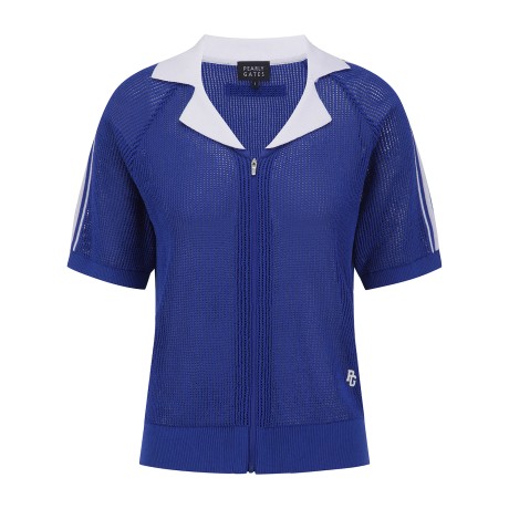 여성 배색 라인 오픈 칼라 메쉬 집업 가디건