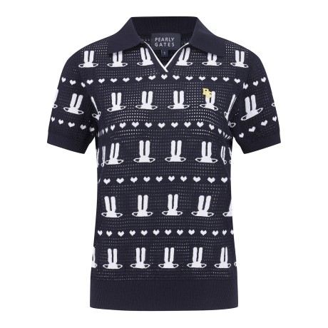 여성 바니 하트 패턴 오픈 반팔 니트