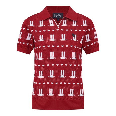 여성 바니 하트 패턴 오픈 반팔 니트