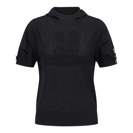 여성 리본 커프스 후드 반팔 니트