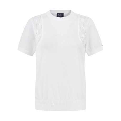 여성 메쉬 블록 로고 반팔 니트