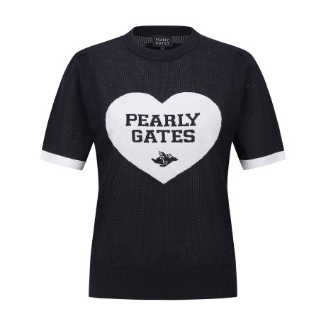 여성 배색 하트 자카드 크로셰 반팔니트