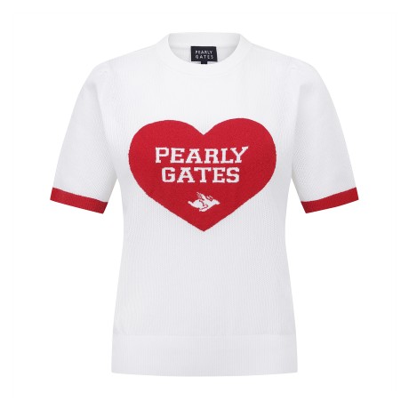 여성 배색 하트 자카드 크로셰 반팔니트