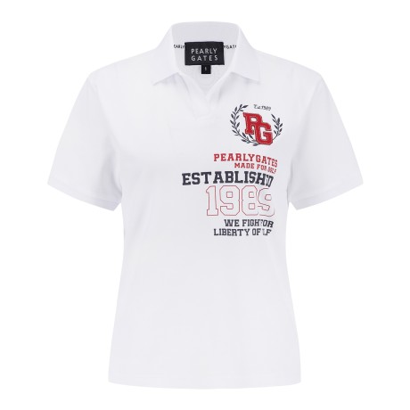 여성 로고 패치 오픈 칼라 반팔 티셔츠