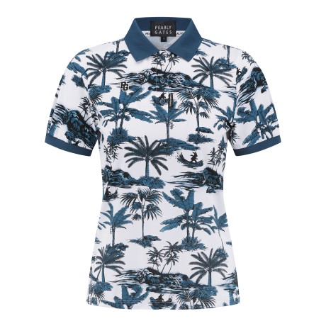 여성 야자수 프린팅 칼라 반팔 티셔츠
